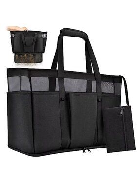 Large Beach Bag with Zipper Waterproof Sandproof 12 Pockets Pool Tote